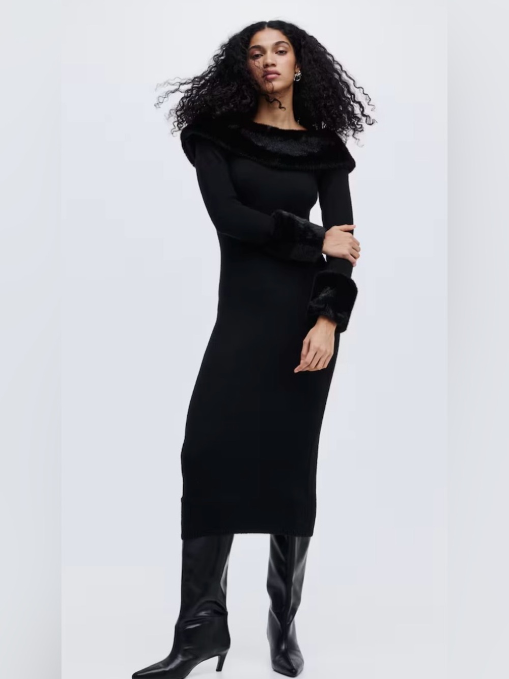 NWT H&M Black Knit Off-the-Shoulder Faux Fur Trim Sweater Dress | Holiday Glam L